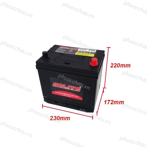 Bình ắc quy Solite 65D23L/R 12V-60AH bản vẽ kích thước dài 230mm rộng 172mm cao 220mm