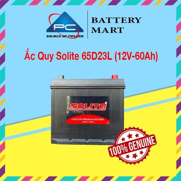 Ắc quy Solite 65D23L 12V-60Ah ảnh quảng cáo sản phẩm chính hãng, vỏ đen tem Solite đỏ