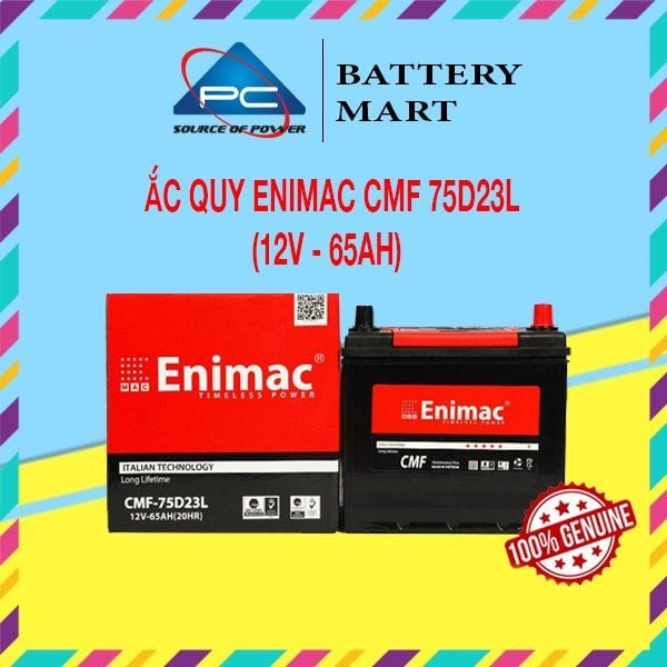 Ắc quy Enimac CMF 75D23L 12V-65AH ảnh quảng cáo sản phẩm kèm vỏ hộp đỏ và tem chính hãng