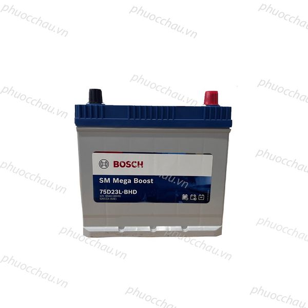 Bình ắc quy BOSCH 75D23L-BHD 12V-65AH mặt trước tem SM Mega Boost, nắp xanh hai cọc đỏ đen