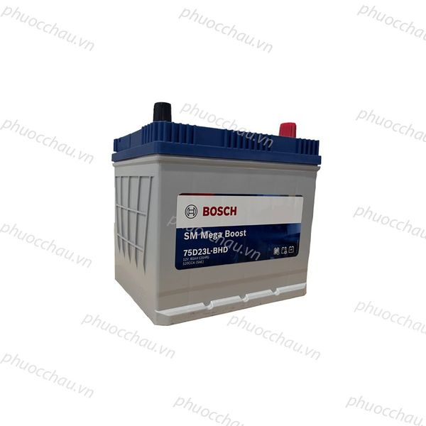 Bình ắc quy BOSCH 75D23L 12V-65AH góc nghiêng trái, nắp xanh đậy kín hai cọc đỏ đen, vỏ xám tem SM Mega Boost