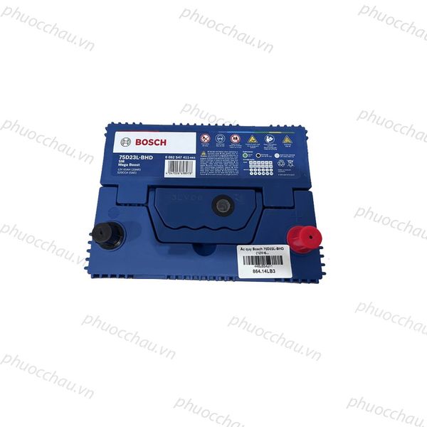 Bình ắc quy BOSCH 75D23L 12V-65AH nhìn từ trên xuống, mặt bích vỏ xanh, tem thông số kỹ thuật và tem phụ 864.14LB3