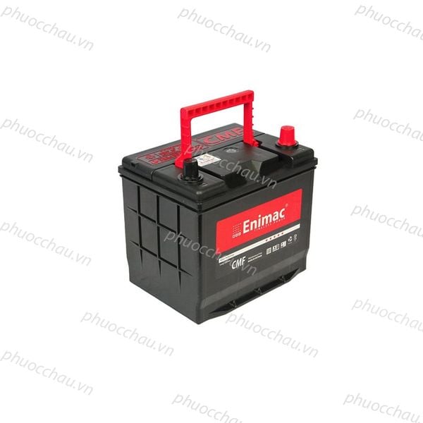 Bình ắc quy Enimac CMF 75D23L/R 12V-65AH nghiêng trái có quai xách đỏ và nắp cọc đỏ