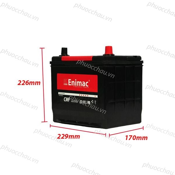 Bình ắc quy Enimac CMF 75D23L/R 12V-65AH nghiêng phải kèm số đo chiều cao 226mm, chiều dài 229mm, chiều rộng 170mm