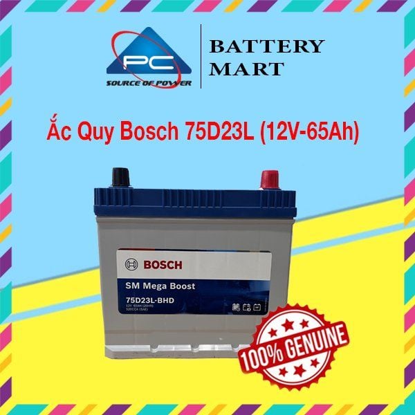 Ắc quy BOSCH 75D23L 12V-65AH ảnh quảng cáo sản phẩm, tem chính hãng 100% Genuine, vỏ xám nắp xanh