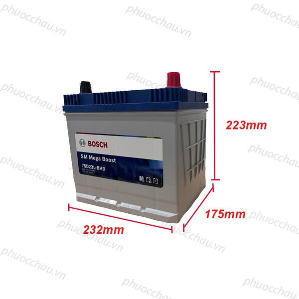 Bình ắc quy BOSCH 75D23L 12V-65AH nghiêng phải kèm số đo kích thước dài 232mm rộng 175mm cao 223mm