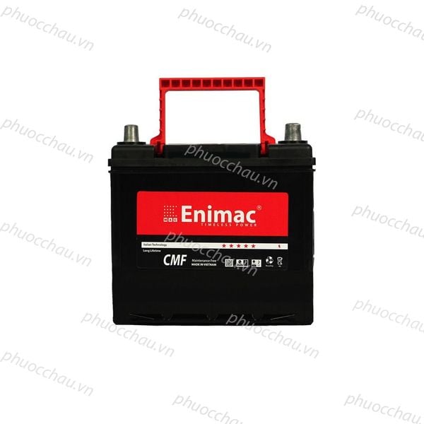 Bình ắc quy Enimac CMF 75D23L/R 12V-65AH chụp thẳng đứng kèm quai xách đỏ và tem nhãn chính hãng