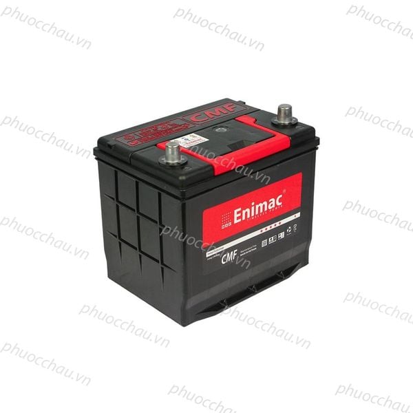 Bình ắc quy Enimac CMF 75D23L/R 12V-65AH góc nhìn từ trên cao thấy rõ nắp màu đỏ và các ký hiệu trên thân bình