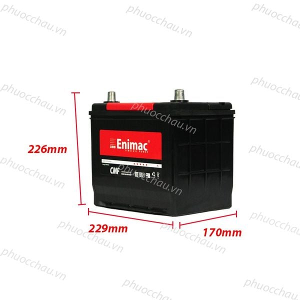 Ắc quy Enimac CMF 75D23L/R 12V-65AH mặt trước kèm số đo 226mm, 229mm, 170mm