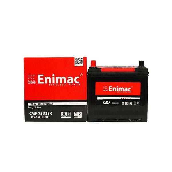 Bình ắc quy Enimac CMF 75D23R 12V-65AH kèm vỏ hộp đỏ in mã QR và dòng chữ Italian Technology
