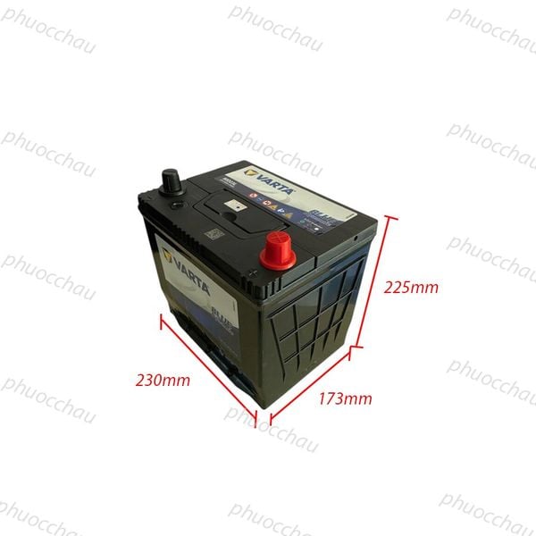 Ắc quy VARTA 80D23L 12V-65Ah góc nghiêng phải kèm số đo kích thước dài 230mm, rộng 173mm, cao 225mm