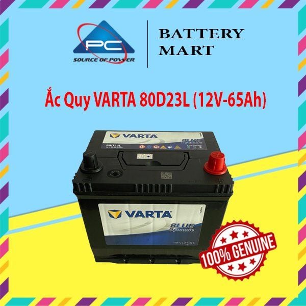Ắc quy VARTA 80D23L 12V-65Ah góc nghiêng trái, tem Blue Dynamic, nắp cọc đỏ đen, ảnh quảng cáo sản phẩm