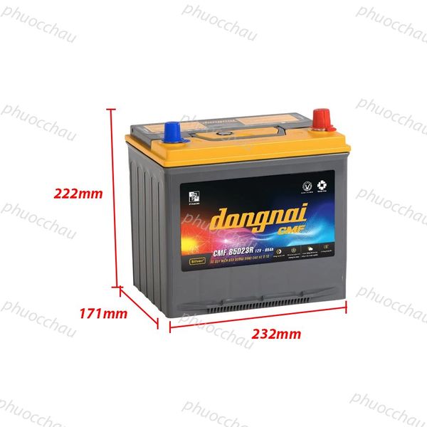 Ắc quy Đồng Nai CMF 85D23R 12V 65Ah kích thước dài 232mm rộng 171mm cao 200mm