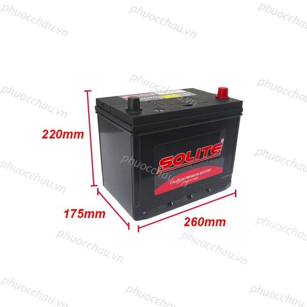 Bình ắc quy Solite 85D26L 12V-70AH bản vẽ kích thước dài 260mm rộng 175mm cao 220mm