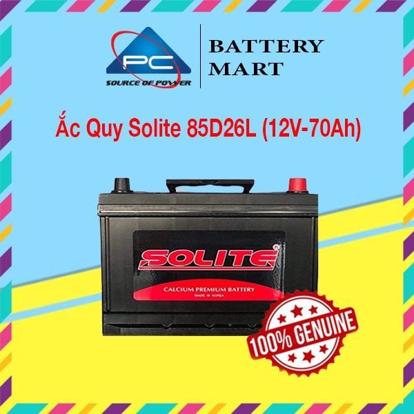 Ắc quy Solite 85D26L 12V-70Ah ảnh quảng cáo sản phẩm, bình đen logo đỏ, tem chính hãng