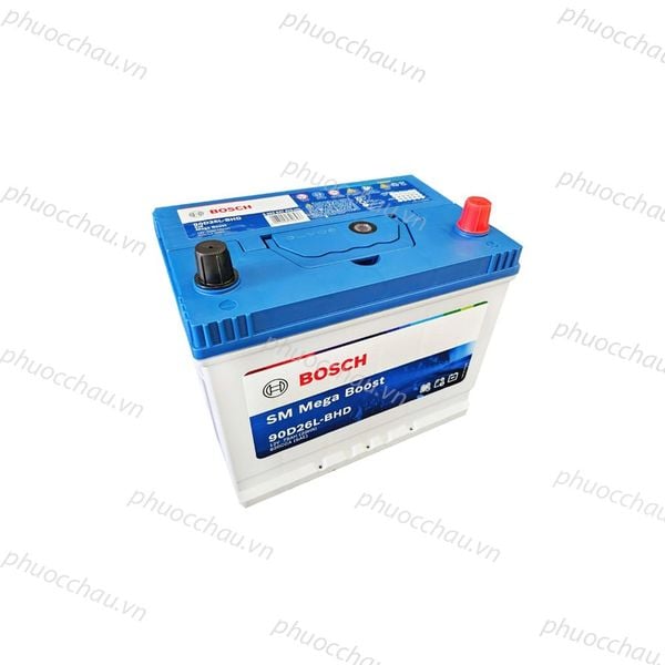 Bình ắc quy BOSCH 90D26L 12V-75AH góc nghiêng trái, vỏ trắng nắp xanh, cọc đỏ đen, tem SM Mega Boost