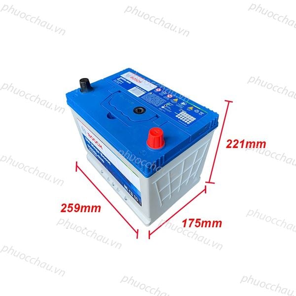 Ắc quy BOSCH 90D26L 12V-75AH nghiêng phải kèm kích thước dài 259mm rộng 175mm cao 221mm, nắp xanh