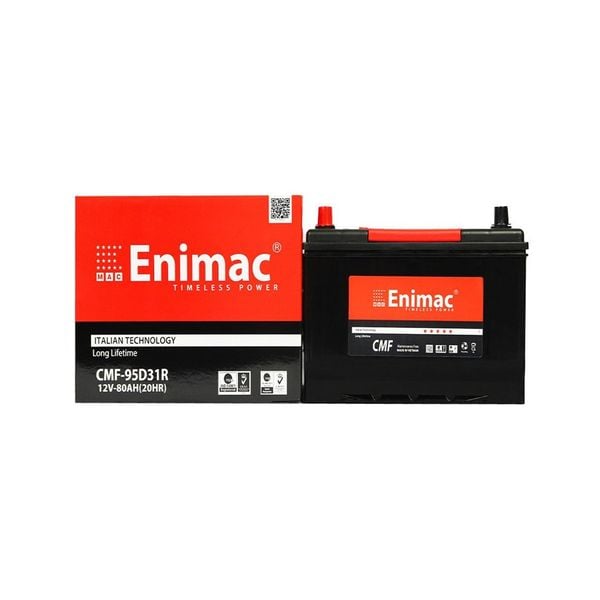 Bình ắc quy Enimac CMF 95D31R 12V-80AH kèm vỏ hộp đỏ nổi bật dòng chữ Italian Technology