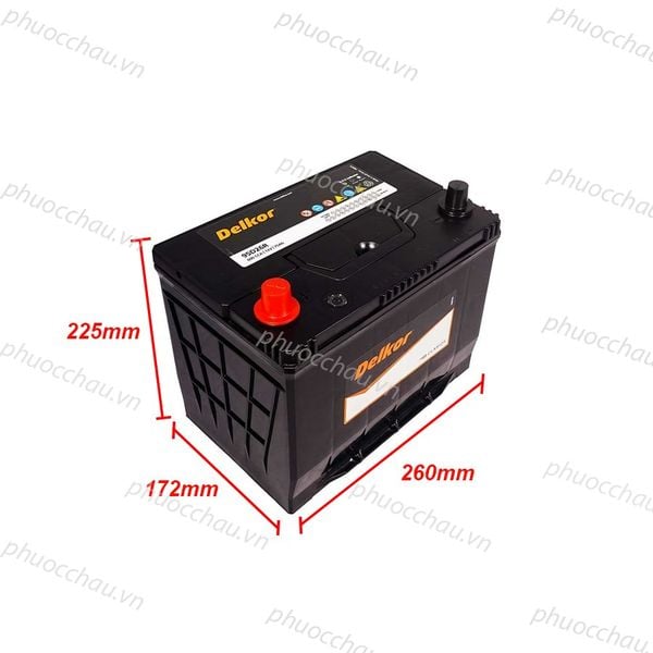 Bình ắc quy Delkor 100D26L 12V 75Ah nghiêng trái kèm số đo kích thước 260x172x225mm
