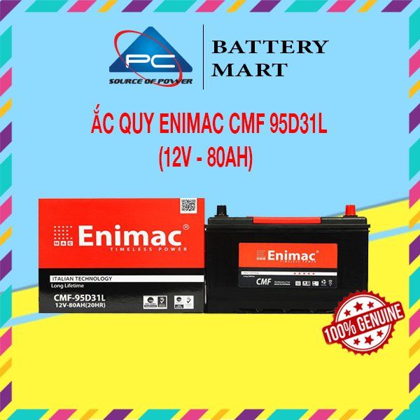 Ắc quy Enimac CMF 95D31L 12V-80AH ảnh quảng cáo sản phẩm kèm vỏ hộp và tem chính hãng