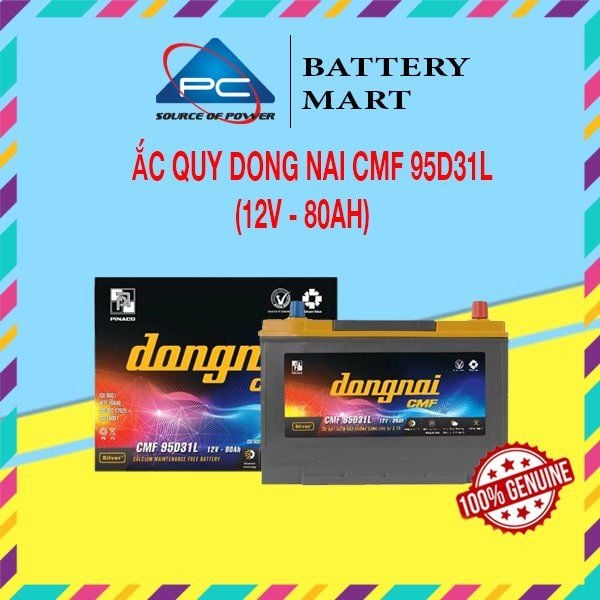 Ắc quy Đồng Nai CMF 95D31L 12V-80Ah ảnh quảng cáo sản phẩm kèm vỏ hộp và tem chính hãng