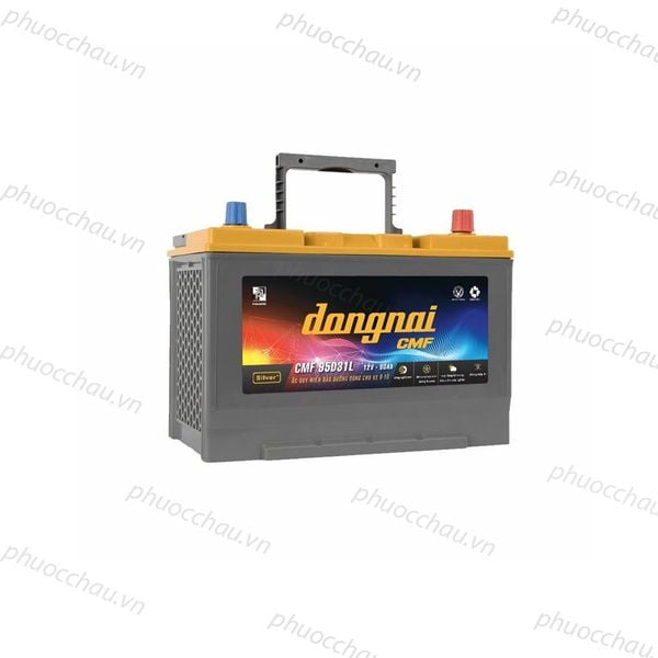 Bình ắc quy Đồng Nai CMF 95D31L 12V-80Ah góc nghiêng trái có quai xách, nắp vàng cọc đỏ xanh