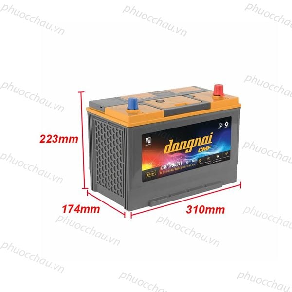 Bình ắc quy Đồng Nai CMF 95D31L 12V-80Ah hình chiếu nghiêng trái kèm số đo 305x173x202mm