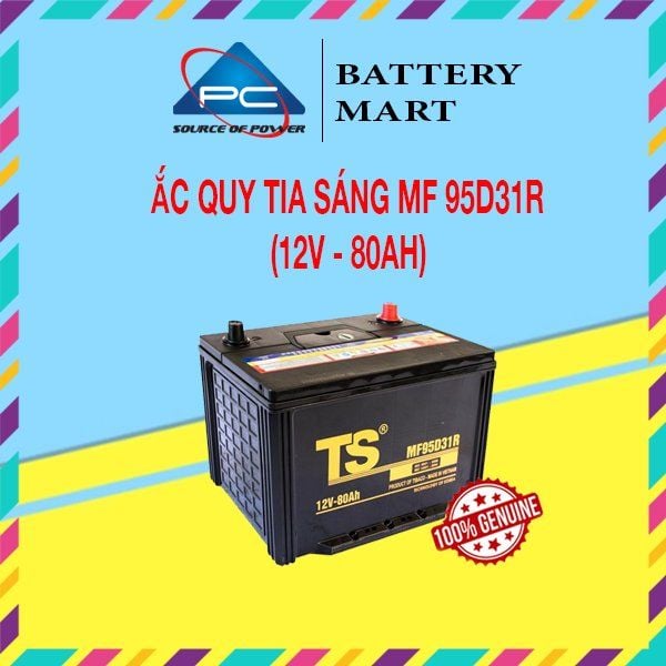 Ắc quy Tia Sáng MF95D31R 12V-80Ah ảnh quảng cáo sản phẩm, bình đen tem vàng 2 cọc góc nghiêng trái