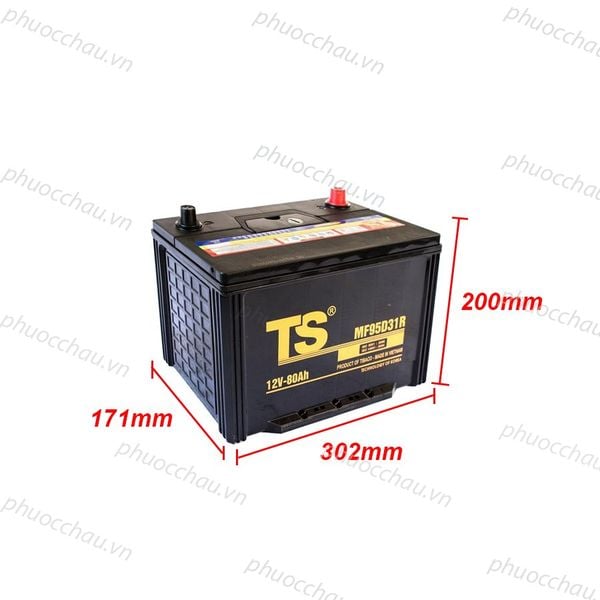 Ắc quy Tia Sáng MF95D31R 12V-80Ah bản vẽ kích thước dài 302mm rộng 171mm cao 200mm