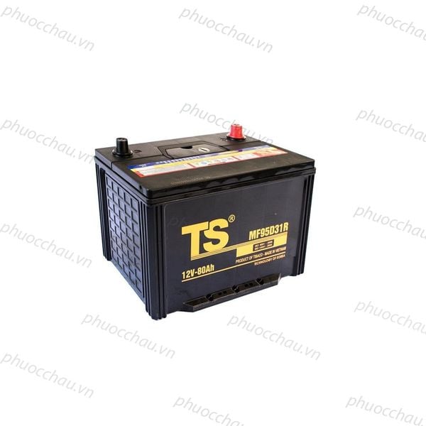 Bình ắc quy Tia Sáng MF95D31R 12V-80Ah nhìn từ trên xuống, nắp bình đen tem vàng, 2 cọc