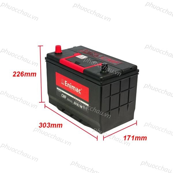 Ắc quy Enimac CMF 95D31L 12V-80AH góc nghiêng trái kèm số đo chiều dài 303mm rộng 171mm cao 226mm