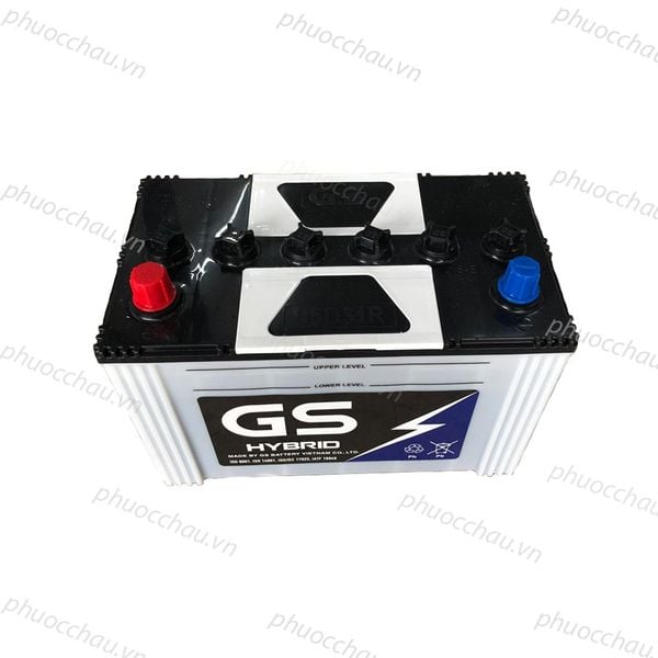 Bình ắc quy GS HYBRID 95D31R PLUS 12V-80Ah nhìn từ trên xuống, 6 nắp van và 2 cọc đỏ đen