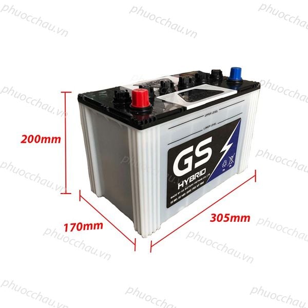 Bình ắc quy GS HYBRID 95D31R PLUS 12V-80Ah nghiêng phải kèm số đo kích thước 305x170x200mm