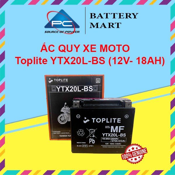 Ắc quy xe moto Toplite YTX20L-BS 12V 18AH ảnh quảng cáo sản phẩm kèm vỏ hộp và nhãn MF