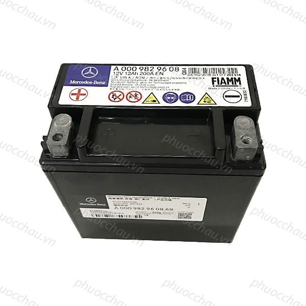 Ắc quy phụ Mercedes A0009829608 12V 12Ah mặt sau tem FIAMM, cọc bình và nhãn phụ kiện