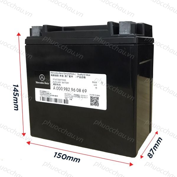 Ắc quy phụ Mercedes A0009829608 12V 12AH kèm số đo kích thước 150x87x145mm