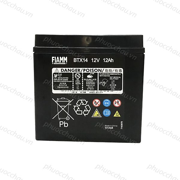 Ắc quy phụ Mercedes A0009829608 12V 12Ah mặt sau tem FIAMM BTX14, dấu cảnh báo và tái chế