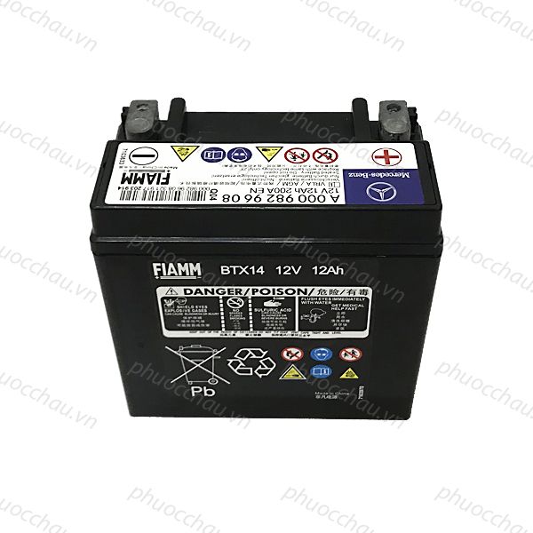 Ắc quy phụ Mercedes A0009829608 12V 12Ah mặt trước tem FIAMM BTX14, cọc bình bằng đồng và cảnh báo an toàn