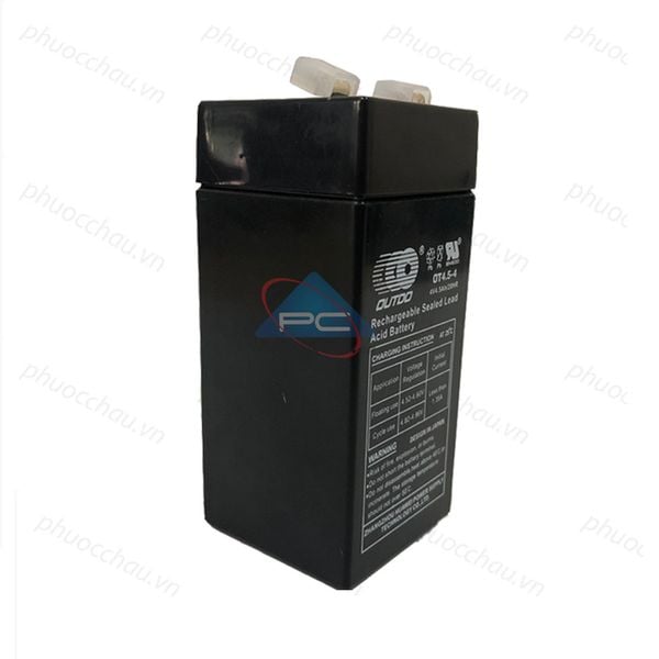 Ắc quy OUTDO OT4.5-4 4V 4.5AH cận cảnh tem bảng thông số kỹ thuật và hướng dẫn sạc
