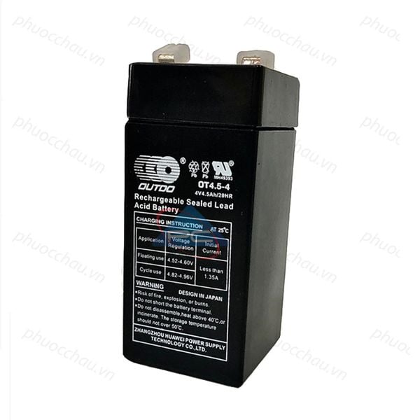 Ắc quy OUTDO OT4.5-4 4V 4.5AH nhìn từ trên xuống, 2 cọc kim loại dẹt và tem cân điện tử