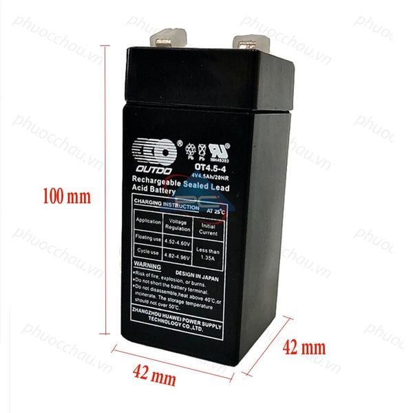 Ắc quy OUTDO OT4.5-4 4V 4.5AH kích thước 100x42x42mm tem thông số và cảnh báo an toàn