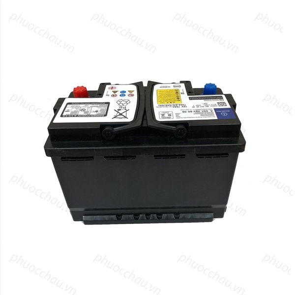 Bình ắc quy Mercedes A0019828008 AGM 12V 70Ah mặt sau, vỏ đen có gân tản nhiệt, cọc xanh đỏ