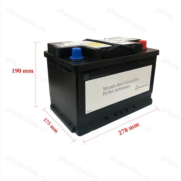 Bình ắc quy Mercedes A0019828008 AGM 12V 70Ah nghiêng trái kèm số đo 278x175x190mm, tem Mercedes-Benz GenuineParts