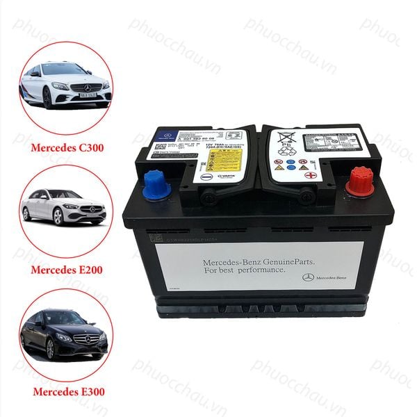 Bình ắc quy Mercedes A0019828008 AGM 12V 70Ah kèm hình minh họa xe C300, E200, E300 phù hợp lắp đặt