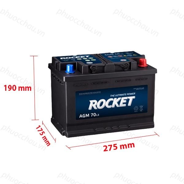 Ắc quy ROCKET AGM 70 L3 12V-70Ah bản vẽ kích thước dài 275mm rộng 175mm cao 190mm