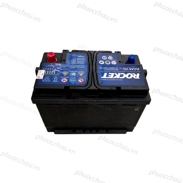 Bình ắc quy ROCKET AGM 70 L3 12V-70Ah nhìn thẳng chính diện, nắp đen 2 cọc đỏ xanh có nắp bảo vệ