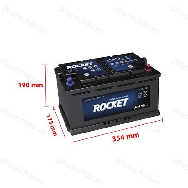 Ắc quy ROCKET AGM 95 L5 12V-95Ah kèm bản vẽ kích thước dài 354mm rộng 175mm cao 190mm