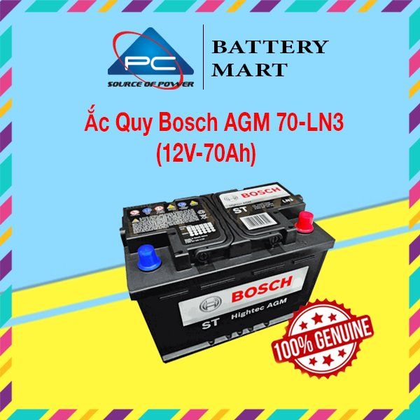 Ắc quy BOSCH AGM 70 LN3 12V-70Ah ảnh quảng cáo sản phẩm, góc nghiêng phải, nắp cọc đỏ xanh, tem 100% Genuine