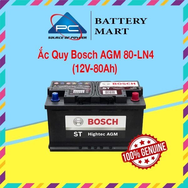 Ắc quy BOSCH AGM LN4 12V-80Ah ảnh quảng cáo sản phẩm, góc nghiêng, vỏ đen tem trắng ST Hightec AGM, logo PC Battery Mart