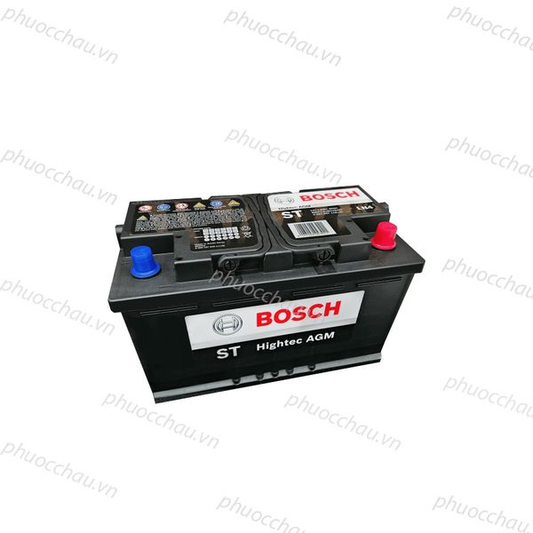 Bình ắc quy BOSCH AGM LN4 12V-80Ah góc nhìn từ trên, thấy rõ nắp bình, tem cảnh báo và 2 cọc bình